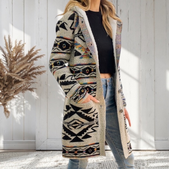 Oatmeal Rainbow Aztec Sherpa Lined Knit Button Hooded Cardigan Sweater - Picture 1 of 4